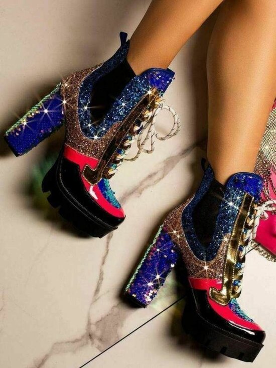 Cape Robbin Shoes - NEW🔥Mermaid Sequin Glitter Lace Up Combat Ankle Booties Boot Platform High Heel